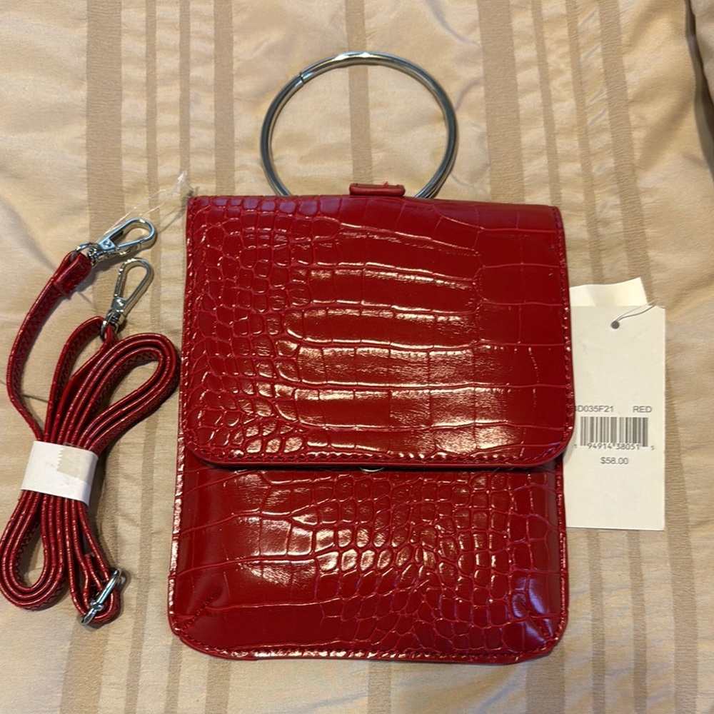 Bandolino Red Croc-Embossed Crossbody with Silver Ring Handle